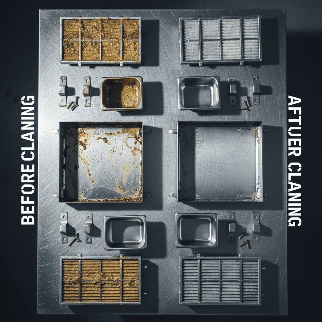 Disassembled commercial hood filter components displayed overhead showing before-and-after cleaning comparison