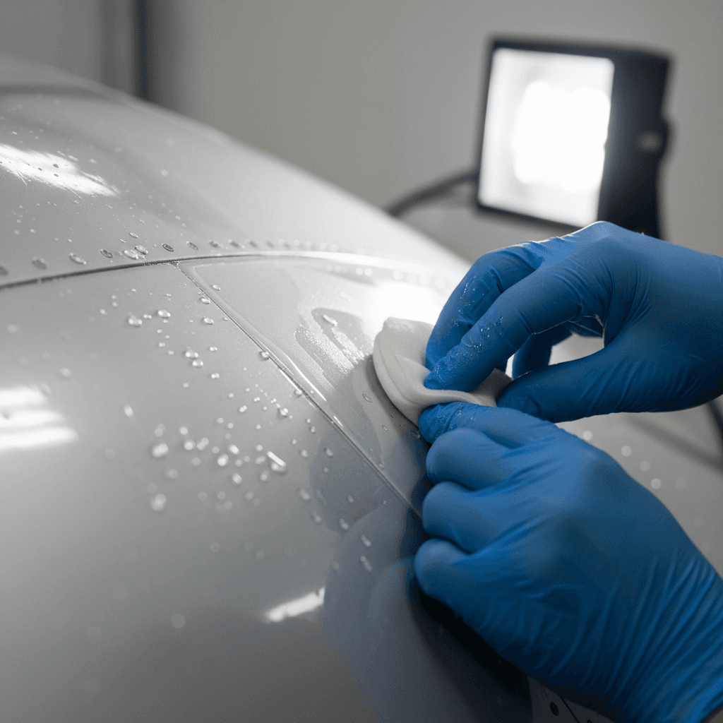 Technician hands in blue gloves applying ceramic coating to polished aircraft fuselage with task lighting