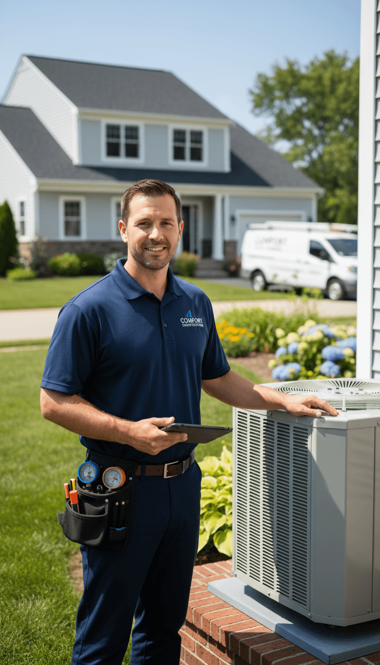 HVAC service technician standing confidently beside residential air conditioning unit during summer maintenance visit