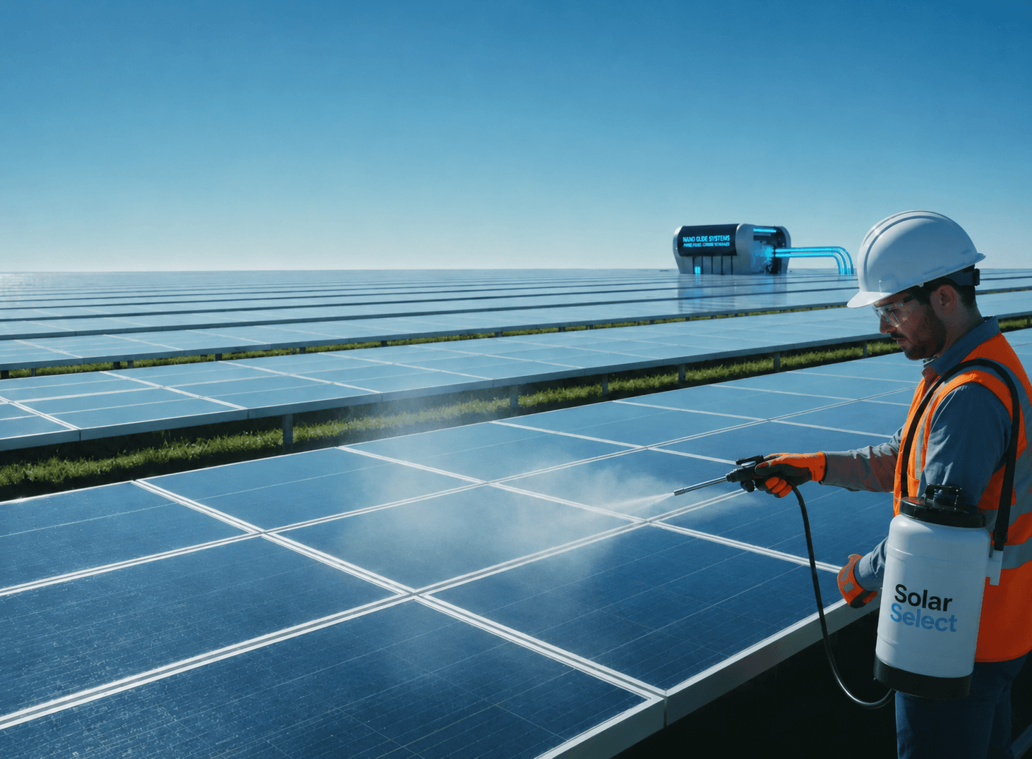 Technician in safety gear sprays cleaning solution onto a vast array of solar panels.