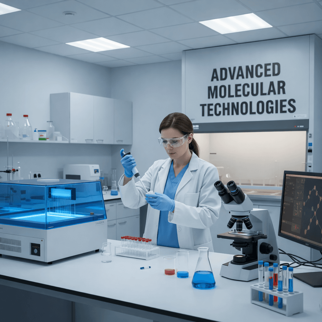 Female scientist using a pipette in a high-tech laboratory with advanced molecular biology equipment.