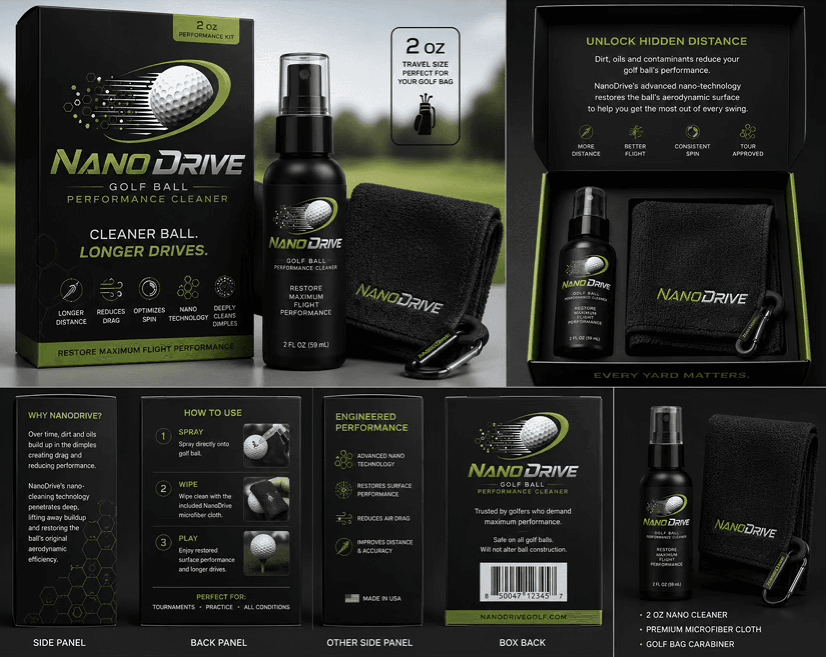 NanoDrive golf ball cleaner kit including spray bottle, microfiber cloth, carabiner, and product packaging.
